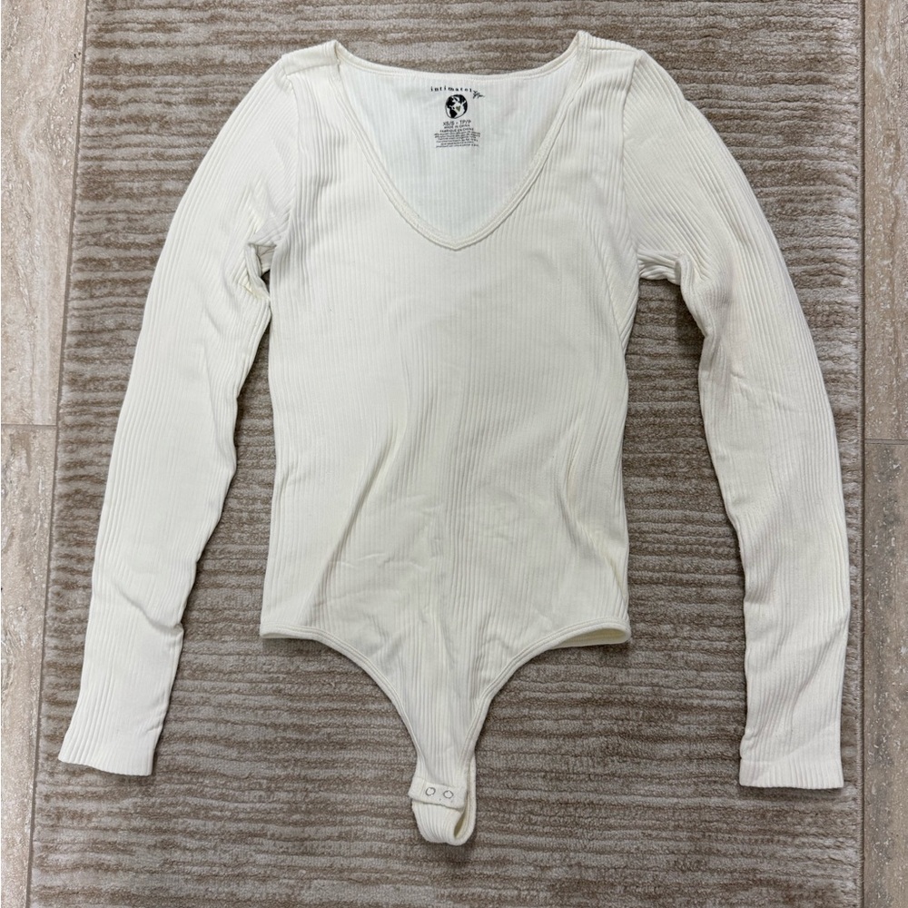 Free People Cream Long Sleeve Ribbed Bodysuit